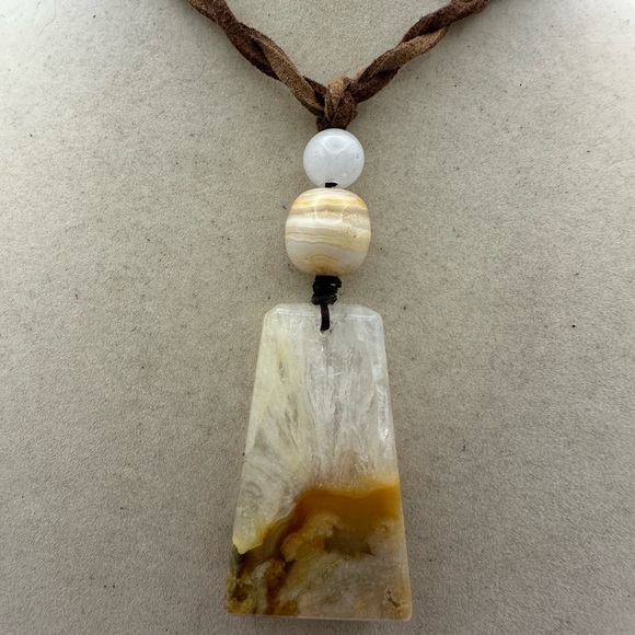 Jewelry - Coral Agate Pendant Necklace with White Jade and Crazy Lace on 2 Tone Faux Suede